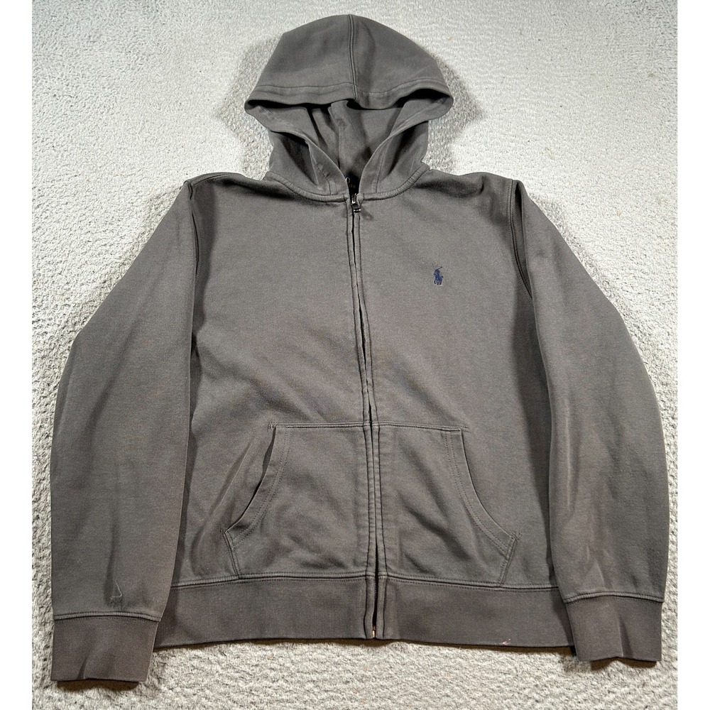 Polo Ralph Lauren Hoodie Boys Large Gray Cotton Full Zip Blue Pony Jacket